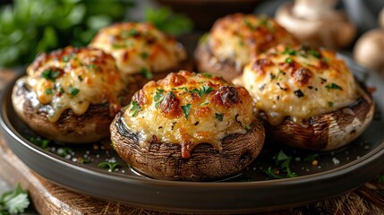 a plate of savory stuffed mushrooms, filled with cheese and herbs.