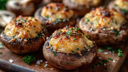 A plate of savory stuffed mushrooms, filled with cheese and herbs.