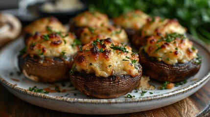 Wall Mural - A plate of savory stuffed mushrooms, filled with cheese and herbs.