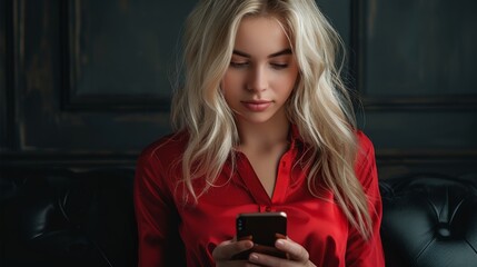 Poster - Blonde hair woman with red shirt holding a phone, black background. Generative AI.