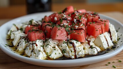 Wall Mural - A fresh watermelon and feta salad, with a balsamic glaze.