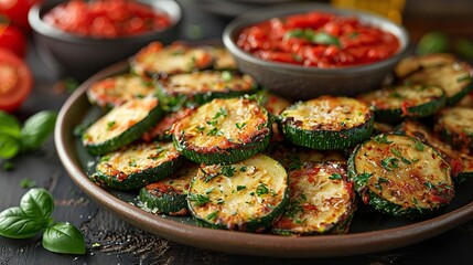 A plate of crispy fried zucchini, served with marinara sauce.