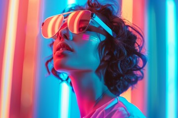 Aufkleber - Future of Privacy in Technology: Young Adult Engaging in Secure Virtual Reality Experience Amidst Neon Lights