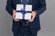 © be free - Mens day present. Successful man share gift box. Businessman prepare for romance date. Business reward. Business man with corporate gift box. Corporate reward present. Cropped view