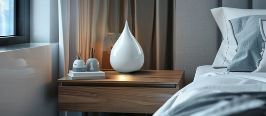 Sticker - Minimalist white ceramic lamp on a sleek wooden nightstand in a modern bedroom, providing a clean and stylish lighting option