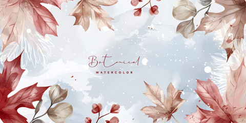 Wall Mural - winter background vector. hand painted watercolor flower, botanical leaves, maple, oak leaf hand dra
