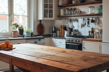 Sticker - A wooden table in a contemporary kitchen, with modern appliances and decor