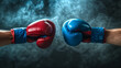 © pasakorn - Closeup two man hands in red and blue boxing gloves hitting each