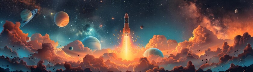 A vibrant of a space scene with planets, stars, and a rocket ship
