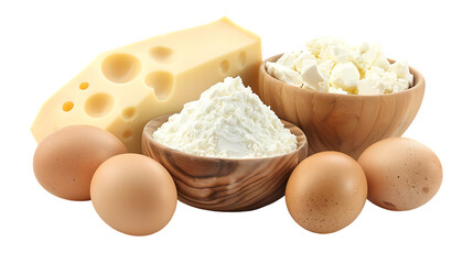 Different dairy products and chicken eggs isolated on transparent background 