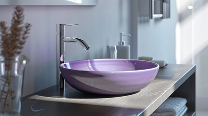 Canvas Print - Stylish purple ceramic sink in a minimalist bathroom with sleek fixtures and neutral decor, adding a touch of elegance and color