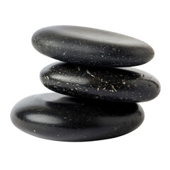 Close-up of three smooth, black spa stones stacked in a balanced tower, perfect for wellness and relaxation themes.