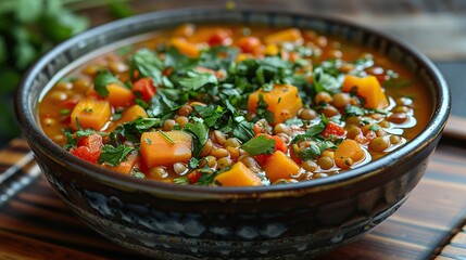 Wall Mural - A bowl of hearty lentil and vegetable stew, perfect for cold days.