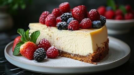 Canvas Print - A slice of creamy vanilla bean cheesecake, topped with berries.