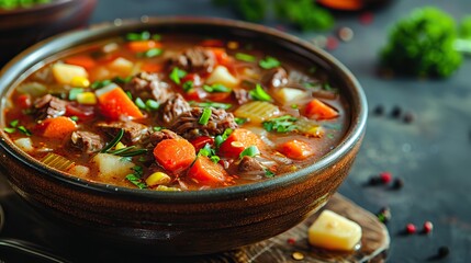 Wall Mural - A bowl of hearty beef and vegetable soup, perfect for cold days.