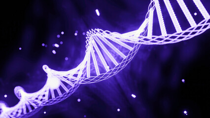 Poster - Rotating luminous spiral of dna. Design. Virtual chains of dna and genes in rotating spiral. Beautiful dot helix of dna moves and rotates with particles of chain