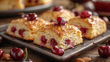 Wall Mural - A serving of delicate almond and cherry scones, fresh from the oven.