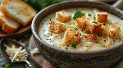 Wall Mural - A bowl of creamy broccoli and cheese soup, garnished with croutons.