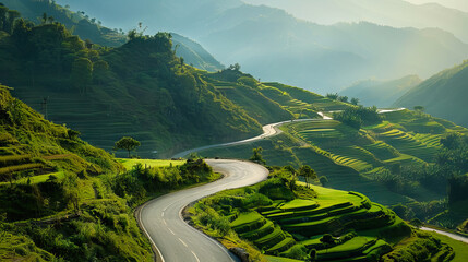 Road through the mountains with green view.