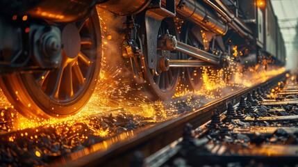 Poster - A close-up of a train wheel under braking. Braking causes thousands of sparks to fly between the wheel and the rail. Generative AI.