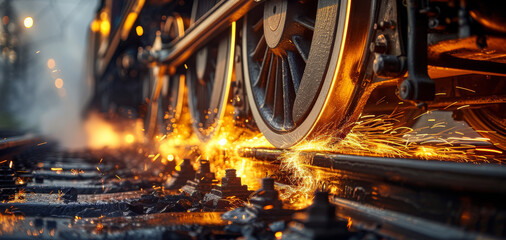 Poster - A close-up of a train wheel under braking. Braking causes thousands of sparks to fly between the wheel and the rail. Generative AI.