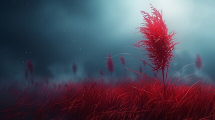 Poster - A dark foggy illustration of a blade of red grass. Generative AI.