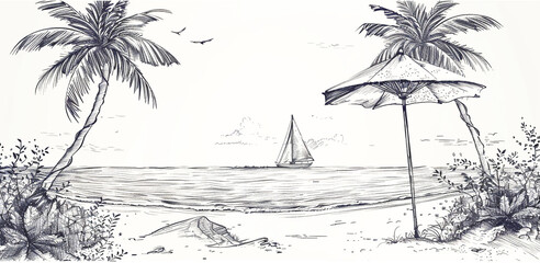 Wall Mural - Sea beach sketch, umbrella and palms, sailboat art. Summer scene