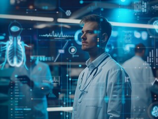 Wall Mural - A doctor in a lab coat examines advanced digital medical data in a high-tech laboratory setting.
