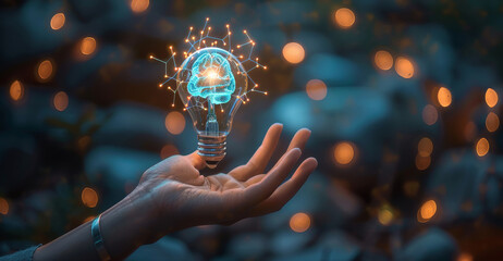 An open palm and on top of it, a graphic representation of light bulb with its brain inside glows. light bulbs visually represent the concept of ideas or innovation that are captured. Generative AI.
