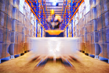 Wall Mural - Motion Speed of Workers Loading a Package Boxes Pallets at Warehouse. Electric Forklift Loader. Distribution Storage Storehouse. Supply Chain, Supplies Warehouse Shipping. Logistics.