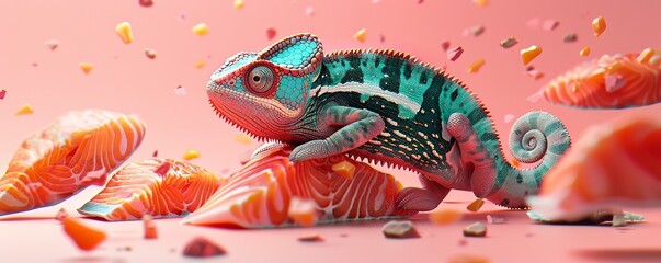 A mesmerizing sight, chameleon hovers near floating salmon on pastel backdrop, creating a serene ambiance