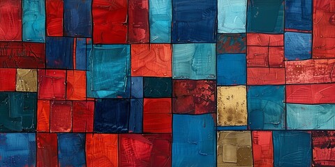 ankara artwork with large squares, thick lines, low detail, blue, red, tones,aspect ratio 2:1, for fabric texture