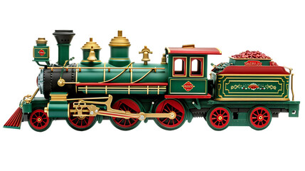 green christmas train with red wheels isolated on transparent background 