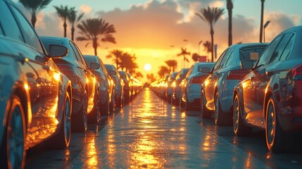 Cars parked neatly on the city street at sunset