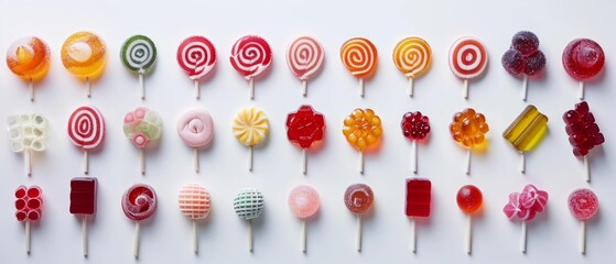 Top view shot of a variety of lollipops, gummy jellies, and candies, isolated against a white background with professional studio lighting