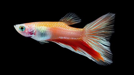 Poecilia reticulata, on black background with clipping path, albino galaxy red medusa male guppy fish