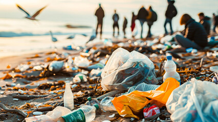 A polluted beach with people in the background, plastic and trash scattered. Perfect for illustrating environmental issues and conservation efforts.