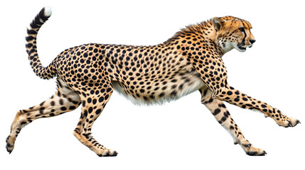 Full body side view of cheetah running isolated on white or transparent background, png clipart, design element. Easy to place on any other background.