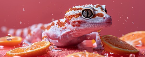 Poster - A mesmerizing scene unfolds as a gecko hovers amidst salmon slices on a soft pastel backdrop