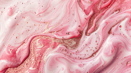 Wall Mural - Produce an AI image capturing the beauty of marble ink swirls adorned with dazzling coral pink glitter.