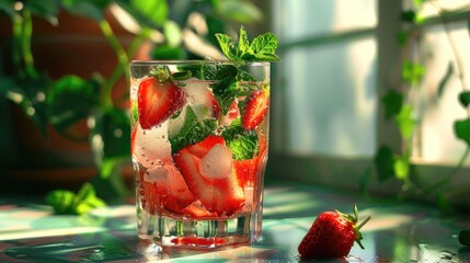 Poster - Refreshing summer cocktail in a glass with strawberries ice and mint