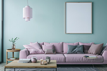 Wall Mural - Minimalist living room with one blank frame on a pastel mint wall, soft purple sofa, and a contemporary oak coffee table.