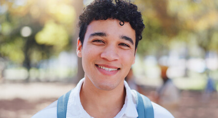 Wall Mural - Man, campus and student portrait with commute and smile at university ready for learning, education and class. Study, academy and post graduate candidate at college with backpack outdoor in park