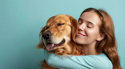 A cheerful woman with dog embraces her retriever best friend in a studio. Their affectionate cuddle on the light blue background exudes warmth and friendship.