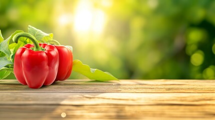 Wall Mural - Red bell pepper on wooden table with blurred garden background. Summer nature, sunlight and space for text. Wide panoramic banner with copy space.