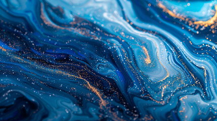 Produce an AI-generated image featuring close-up marble ink designs with vibrant cobalt blue glitter.