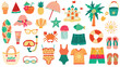© draftsndoodles - Summer beach party elements set. Pool party summer vacation essentials. Swimwear, flip flops, tropical treats, sea creatures, summer fashion. Hand drawn vector illustrations.