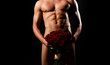 © Volodymyr - Sexy valentine. Male sex. Gay with a naked nude torso and roses bouquet hiding penis. Sexy muscle gay hiding male genital isolated on black. Sexy valentines day. Hot gay. Sexy valentine.