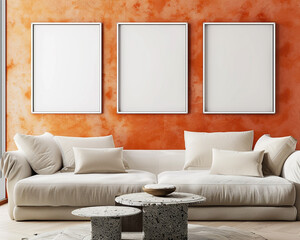 Wall Mural - Modern design with three blank frames on a burnt orange wall, cream sofa, and minimalist stone table.