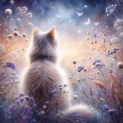 A fluffy cat from the back, transparent ethereal violet grass, tiny verbena, tiny chamomiles, deep night, sea, stars, spring's soft winds. 
